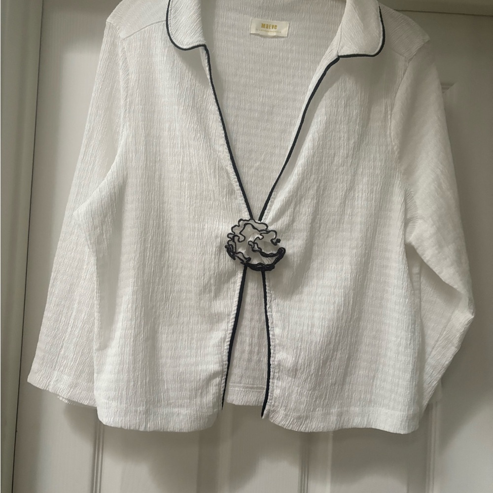 Anthropologie White Textured Top with Black Trim